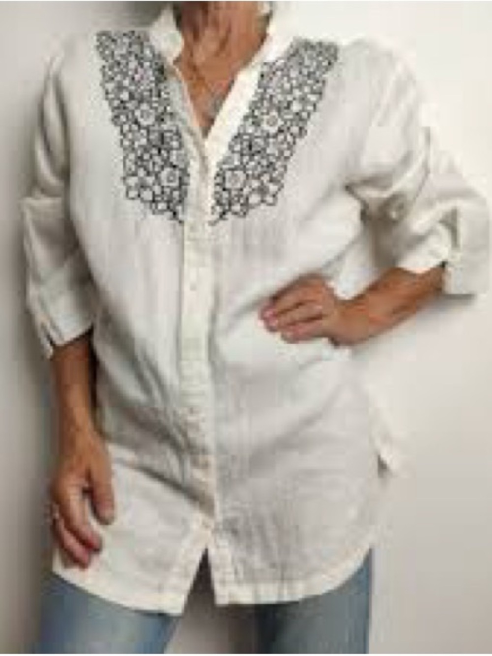 JM Collection Linen 3/4 Sleeve Button-Up Shirt Black Embroidered Floral Tunic 16